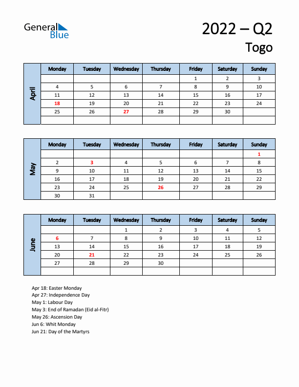 Free Q2 2022 Calendar for Togo - Monday Start
