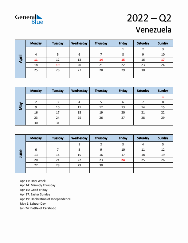 Free Q2 2022 Calendar for Venezuela - Monday Start