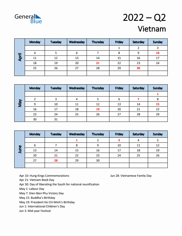 Free Q2 2022 Calendar for Vietnam - Monday Start
