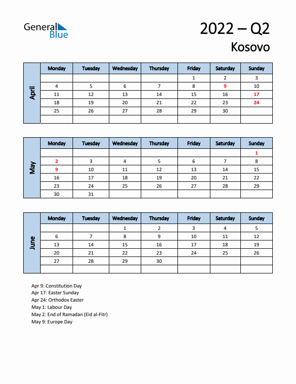 Free Q2 2022 Calendar for Kosovo - Monday Start