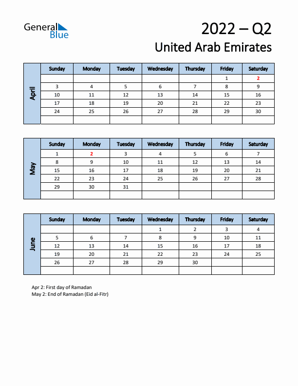 Free Q2 2022 Calendar for United Arab Emirates - Sunday Start