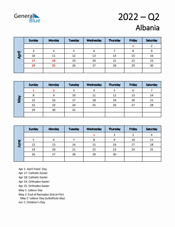 Free Q2 2022 Calendar for Albania - Sunday Start