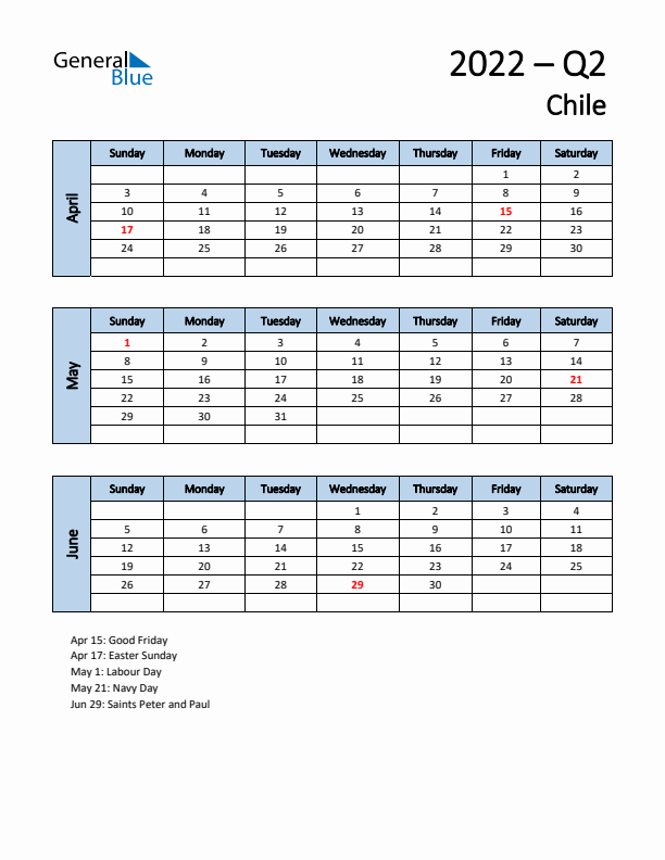 Free Q2 2022 Calendar for Chile - Sunday Start