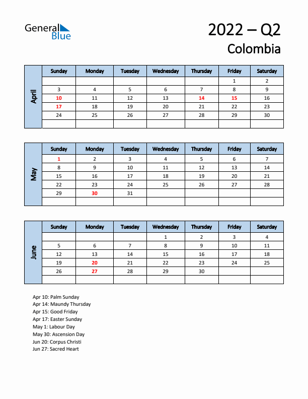 Free Q2 2022 Calendar for Colombia - Sunday Start