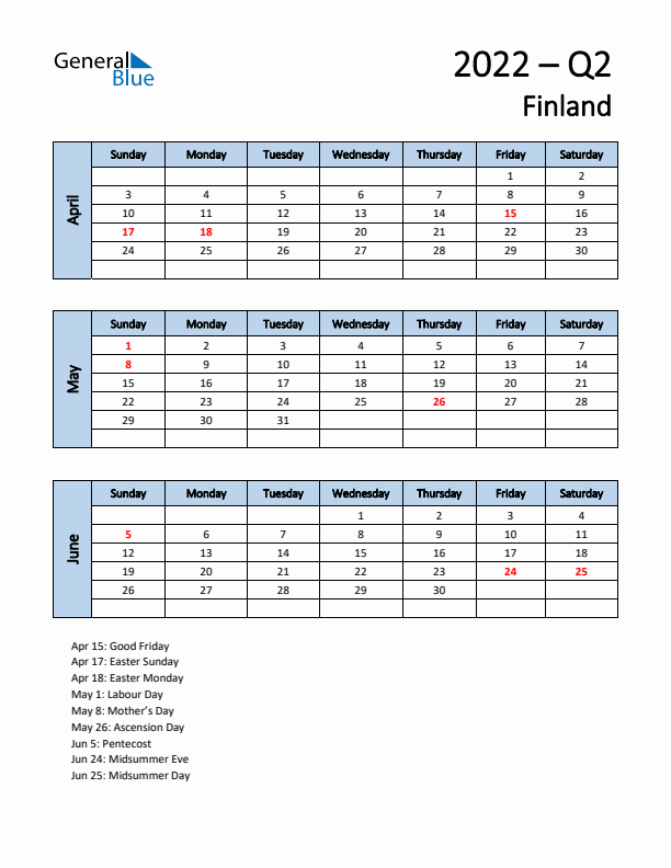 Free Q2 2022 Calendar for Finland - Sunday Start