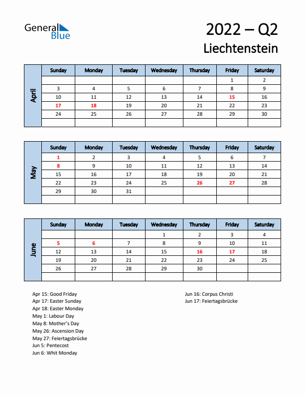 Free Q2 2022 Calendar for Liechtenstein - Sunday Start