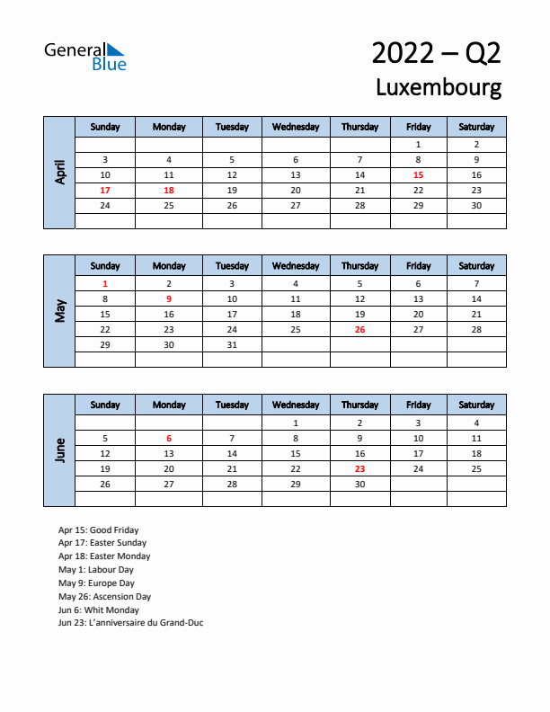 Free Q2 2022 Calendar for Luxembourg - Sunday Start