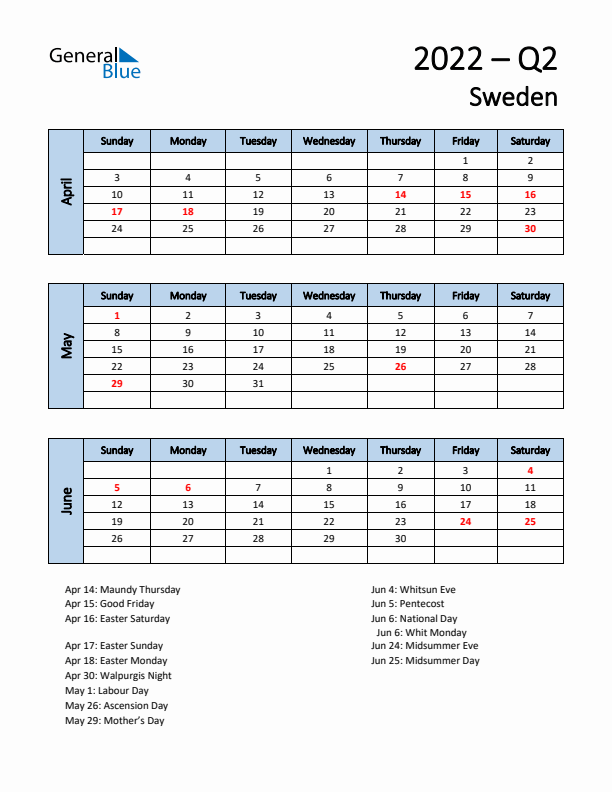 Free Q2 2022 Calendar for Sweden - Sunday Start