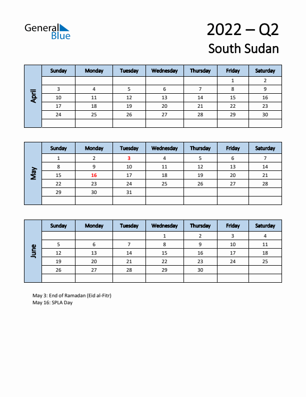 Free Q2 2022 Calendar for South Sudan - Sunday Start