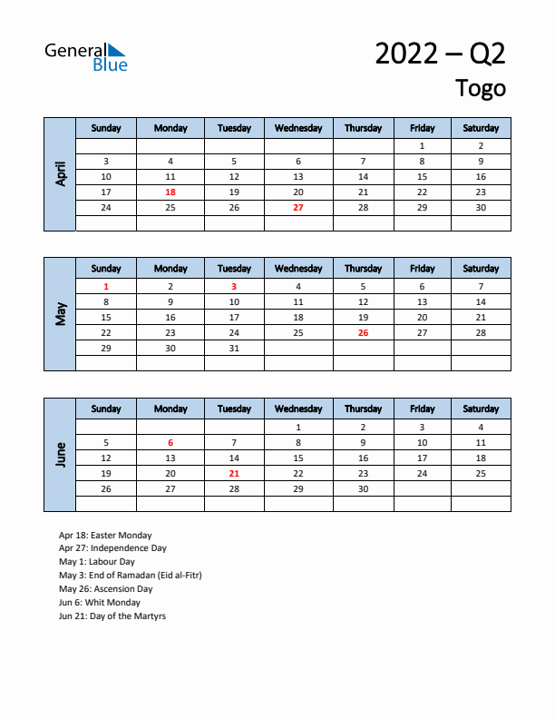Free Q2 2022 Calendar for Togo - Sunday Start