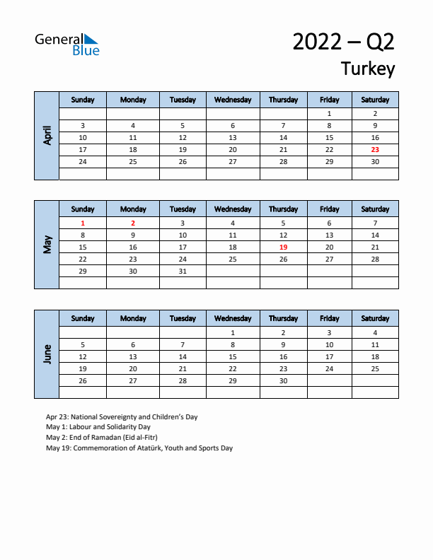 Free Q2 2022 Calendar for Turkey - Sunday Start