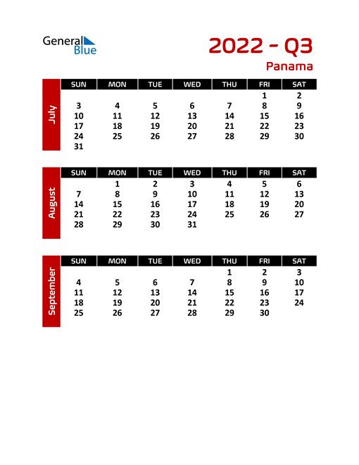  Q3 2022 Calendar with Holidays