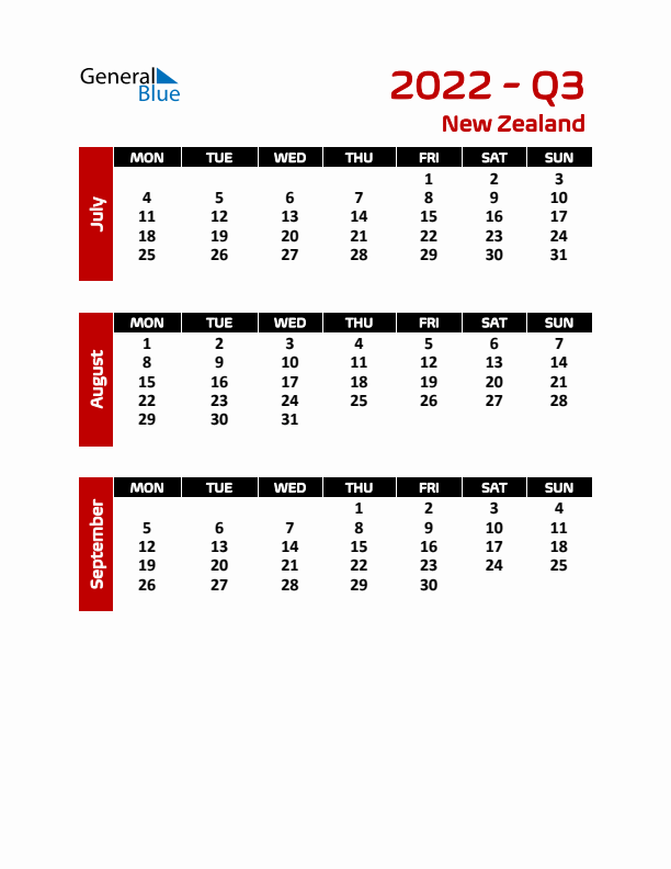 Three Month Calendar For New Zealand Q3 Of 2022 2632