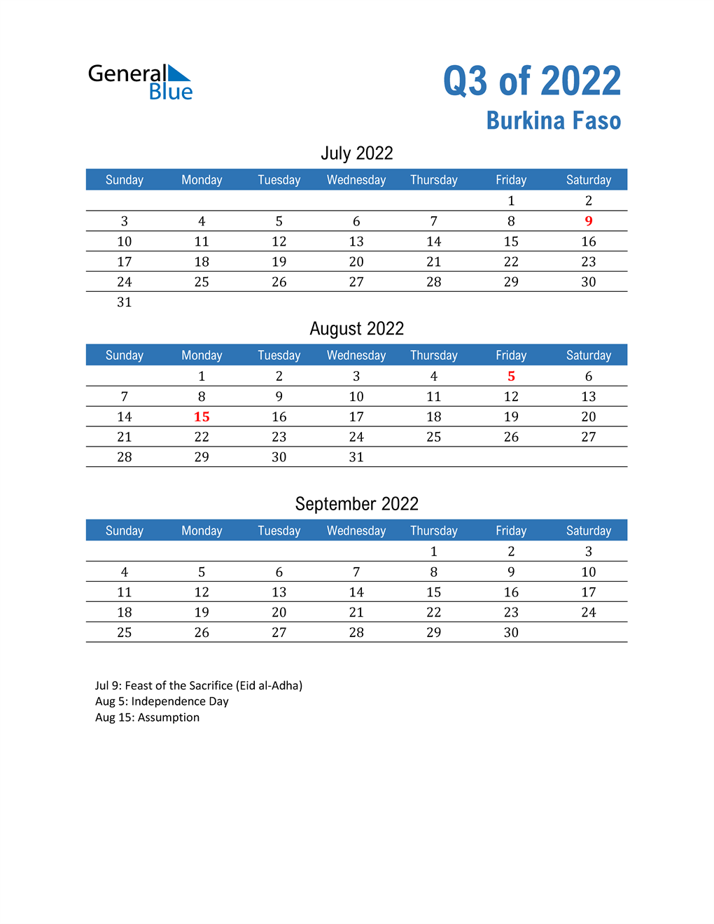  Burkina Faso 2022 Quarterly Calendar 