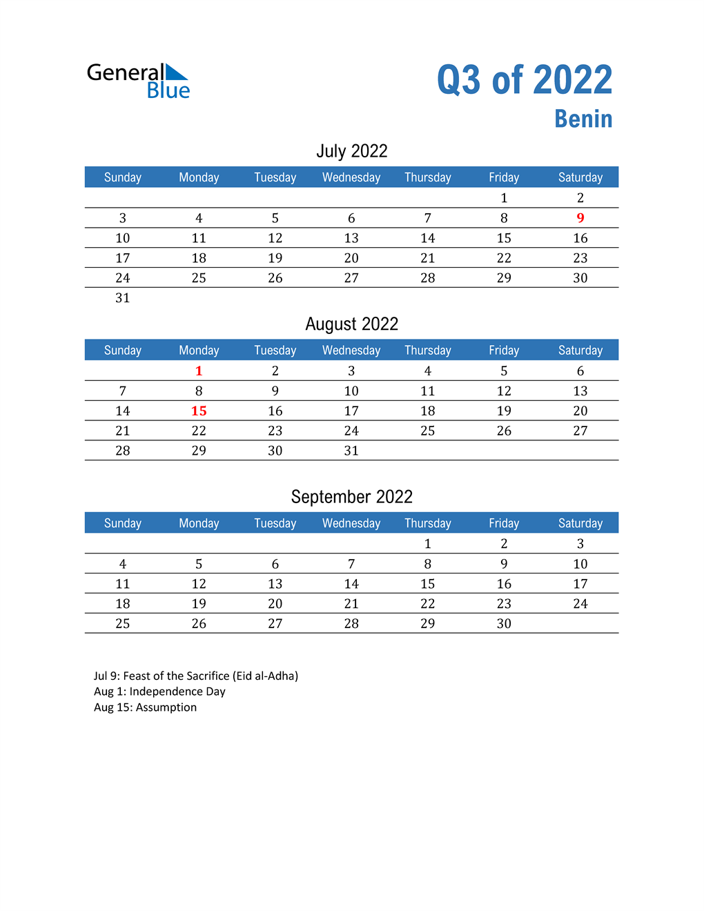  Benin 2022 Quarterly Calendar 