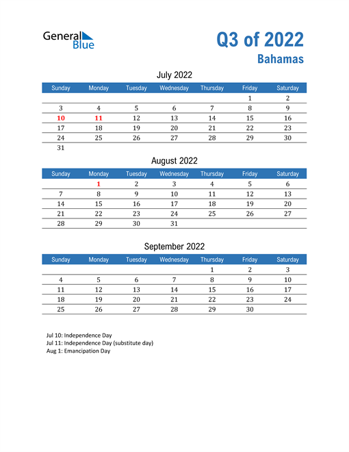  Bahamas 2022 Quarterly Calendar 