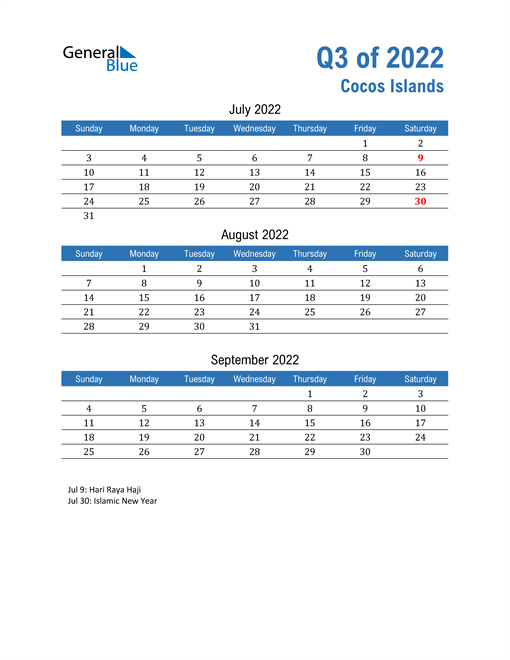  Cocos Islands 2022 Quarterly Calendar 