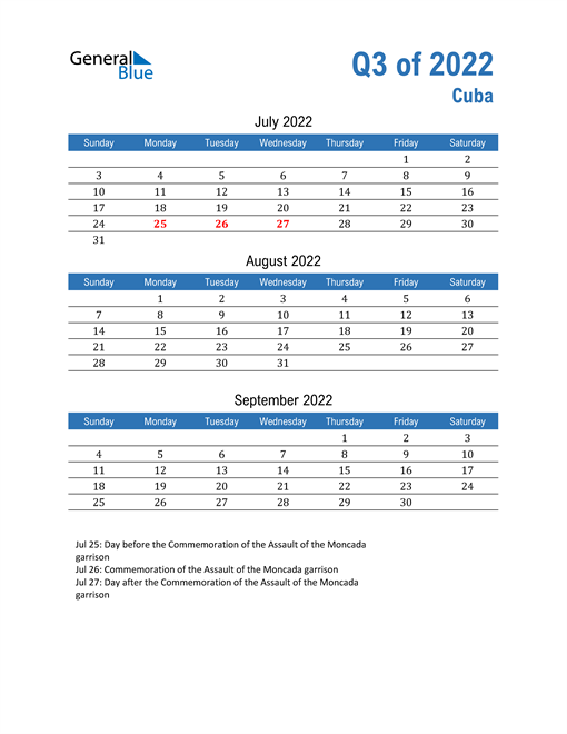  Cuba 2022 Quarterly Calendar 