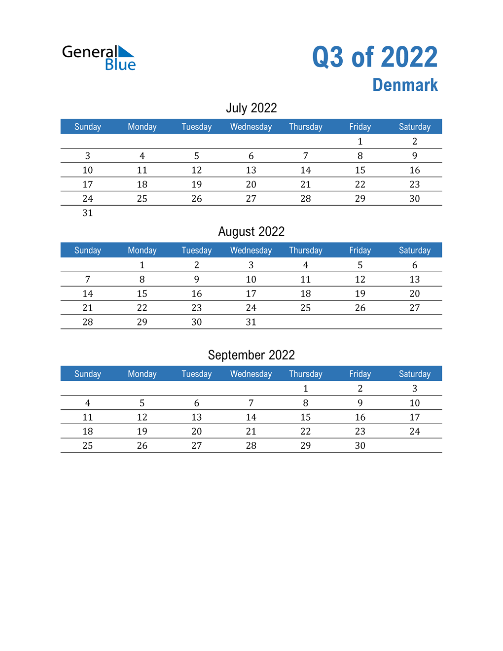  Denmark 2022 Quarterly Calendar 