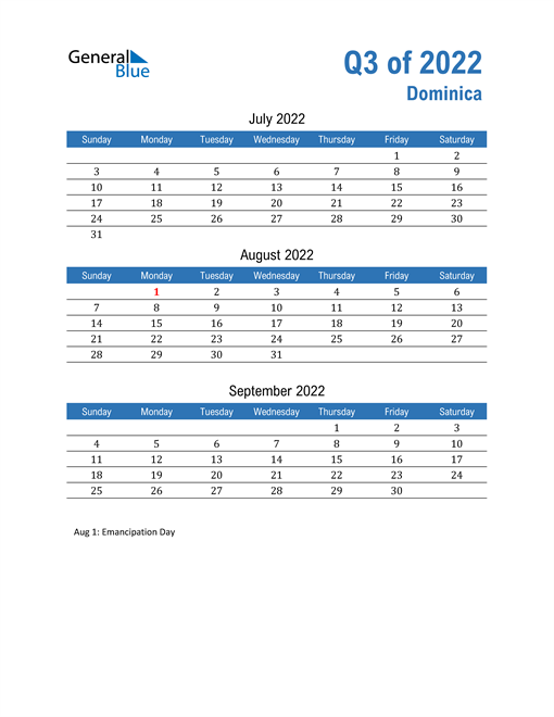  Dominica 2022 Quarterly Calendar 
