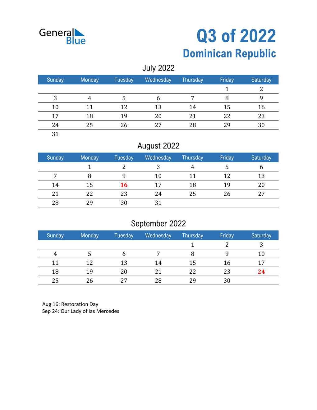  Dominican Republic 2022 Quarterly Calendar 