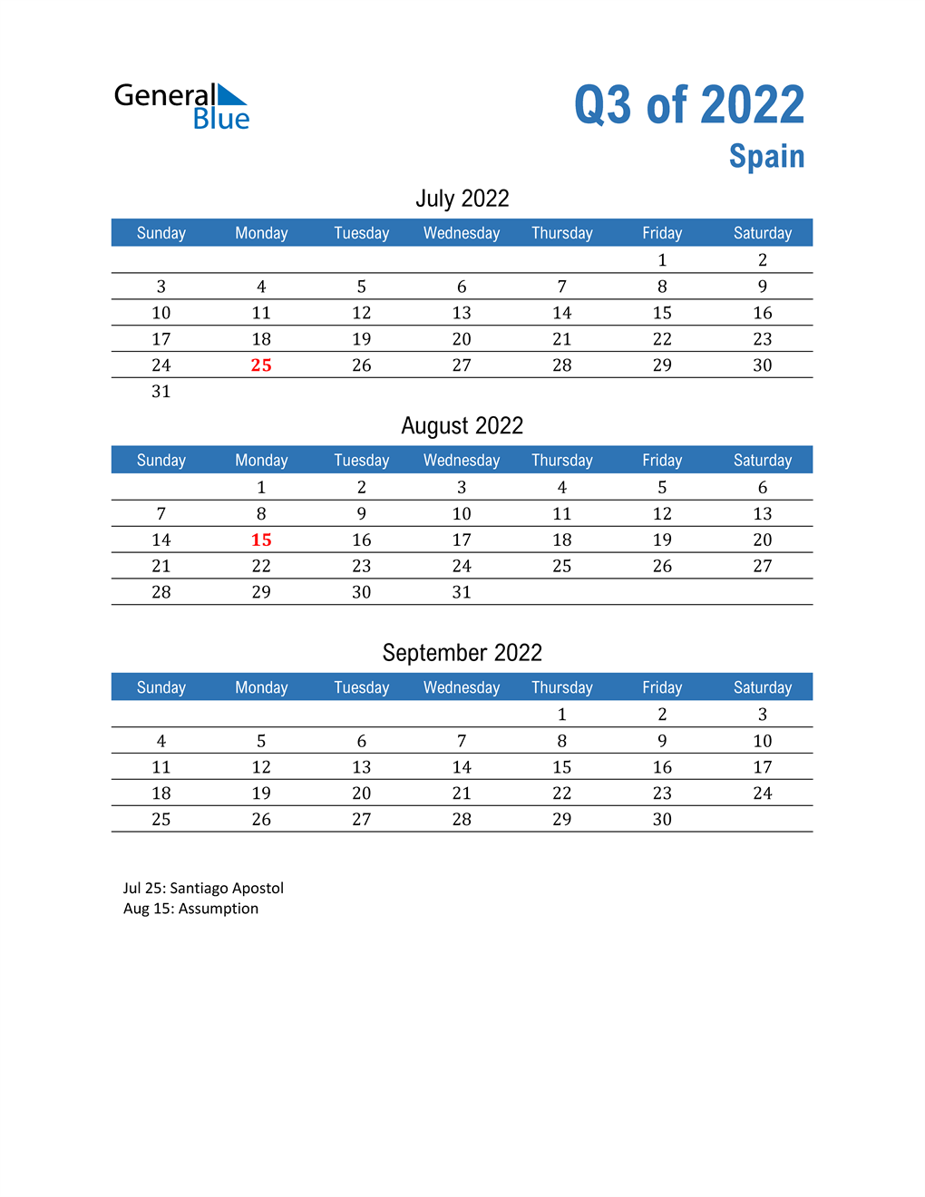  Spain 2022 Quarterly Calendar 