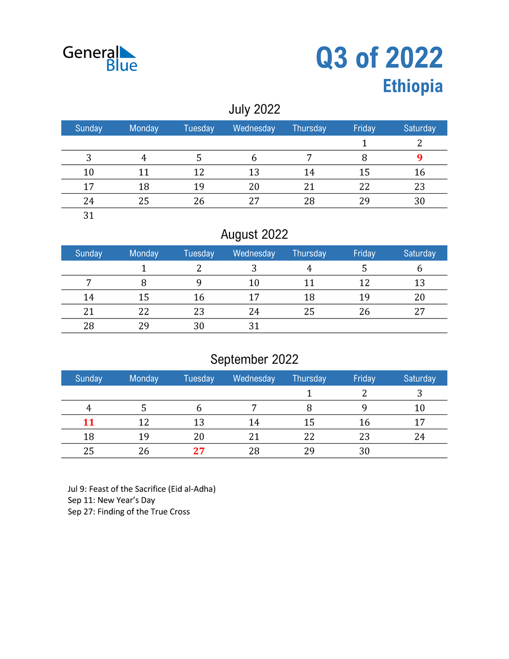  Ethiopia 2022 Quarterly Calendar 