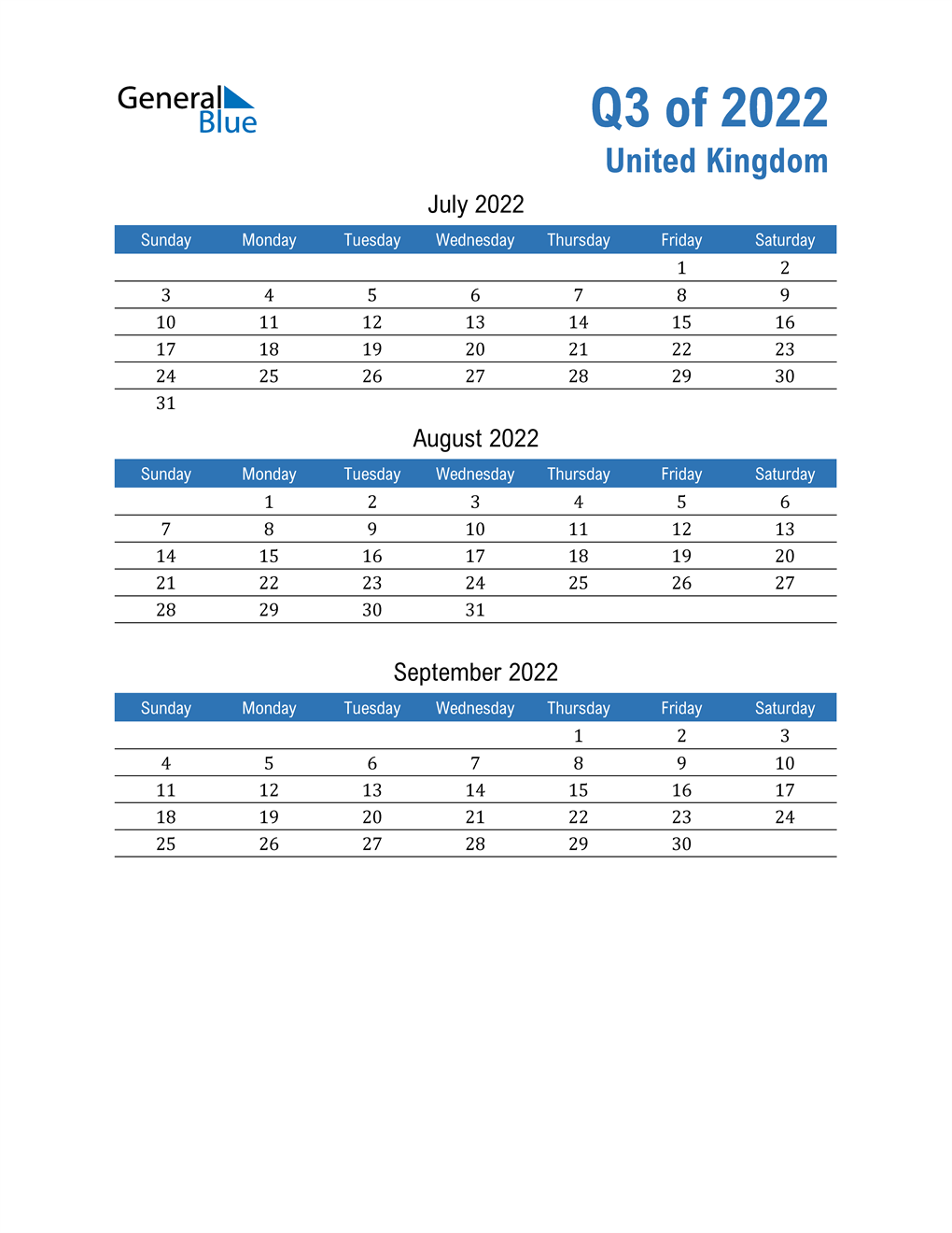  United Kingdom 2022 Quarterly Calendar 