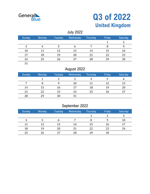  United Kingdom 2022 Quarterly Calendar 