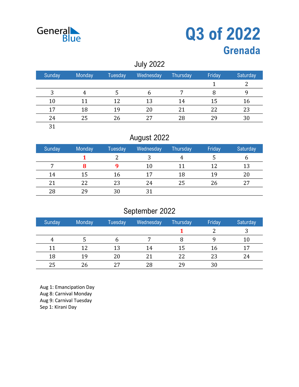  Grenada 2022 Quarterly Calendar 