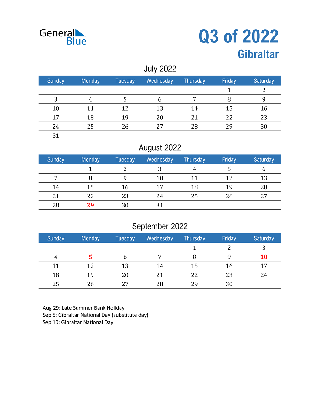  Gibraltar 2022 Quarterly Calendar 