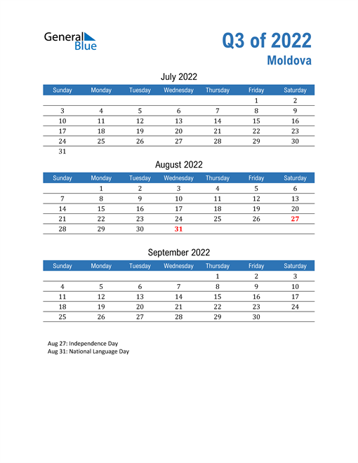  Moldova 2022 Quarterly Calendar 