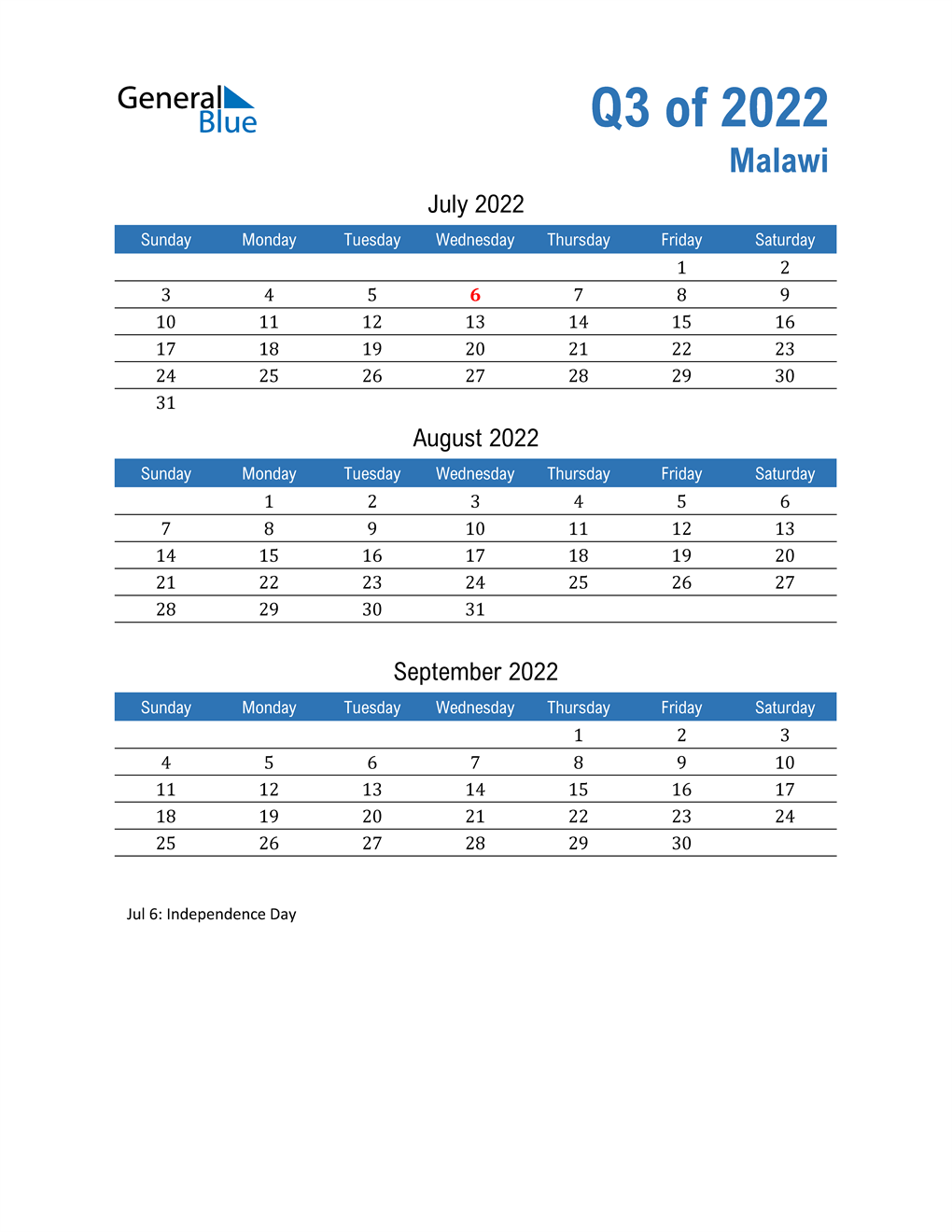  Malawi 2022 Quarterly Calendar 
