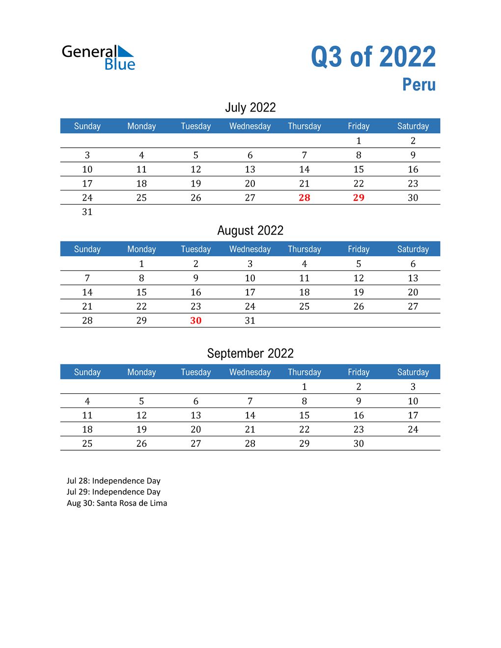  Peru 2022 Quarterly Calendar 