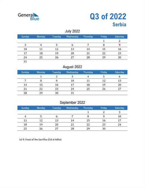  Serbia 2022 Quarterly Calendar 