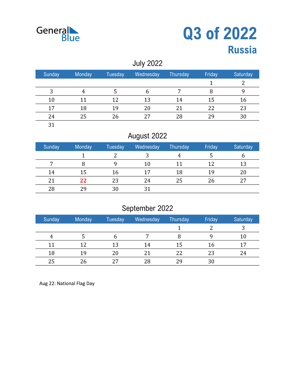  Russia 2022 Quarterly Calendar 