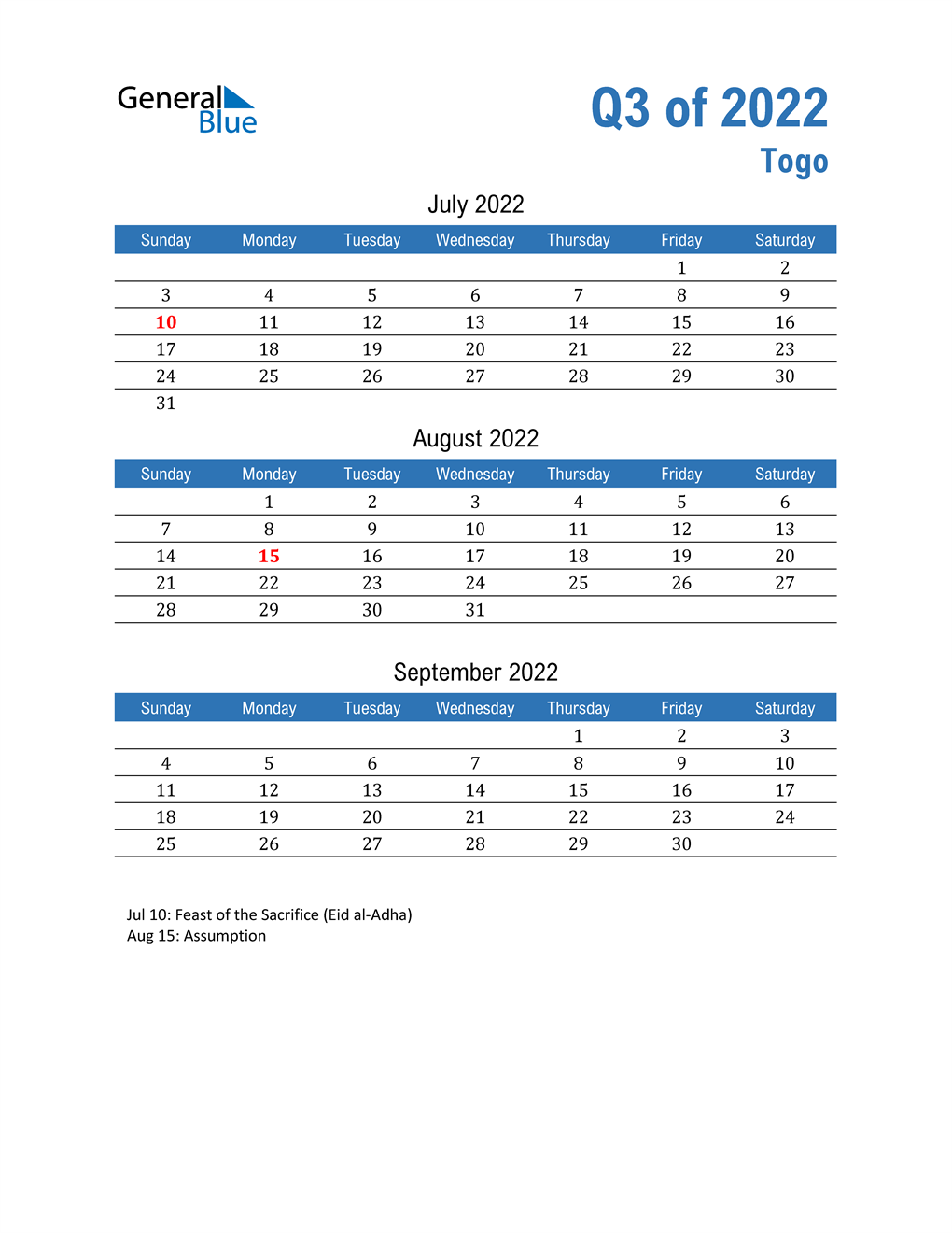  Togo 2022 Quarterly Calendar 