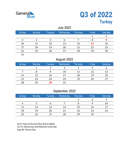  Turkey 2022 Quarterly Calendar 