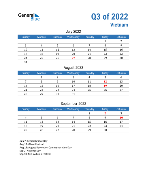  Vietnam 2022 Quarterly Calendar 