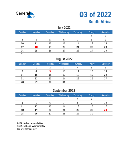  South Africa 2022 Quarterly Calendar 