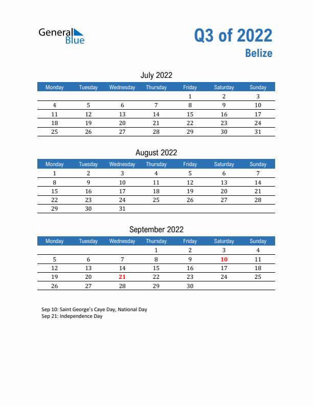 Belize 2022 Quarterly Calendar with Monday Start