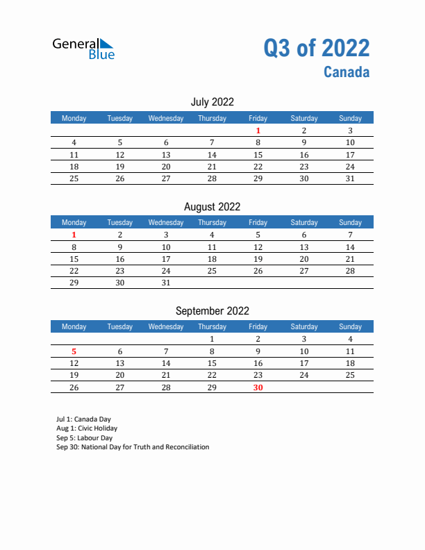 Canada 2022 Quarterly Calendar with Monday Start
