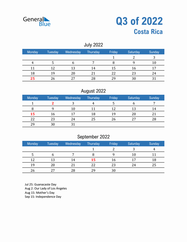 Costa Rica 2022 Quarterly Calendar with Monday Start
