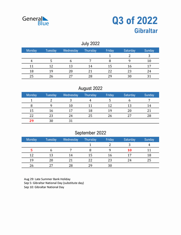Gibraltar 2022 Quarterly Calendar with Monday Start