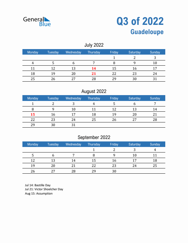 Guadeloupe 2022 Quarterly Calendar with Monday Start