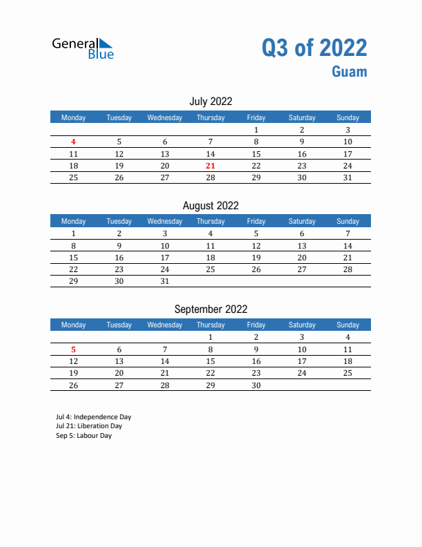 Guam 2022 Quarterly Calendar with Monday Start