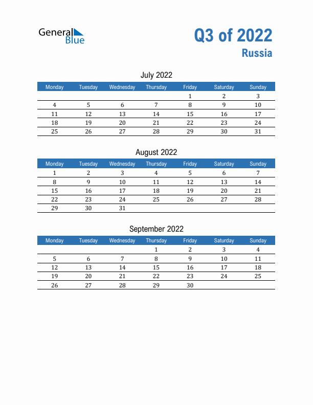 Russia 2022 Quarterly Calendar with Monday Start
