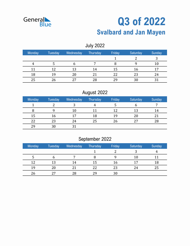 Svalbard and Jan Mayen 2022 Quarterly Calendar with Monday Start
