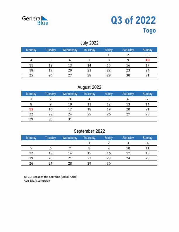 Togo 2022 Quarterly Calendar with Monday Start