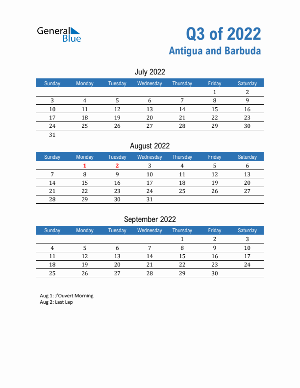 Antigua and Barbuda 2022 Quarterly Calendar with Sunday Start